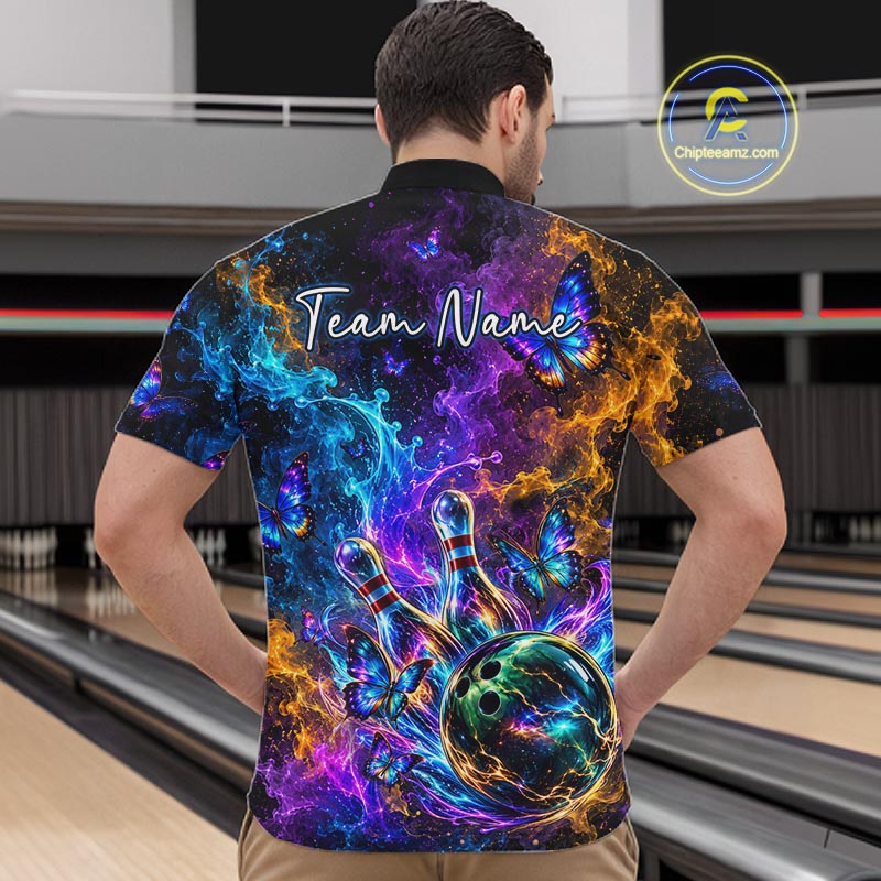 Neon Butterfly Galaxy Fire Splash Bowling Shirts for Men Custom Bowling Team jerseys HNT516