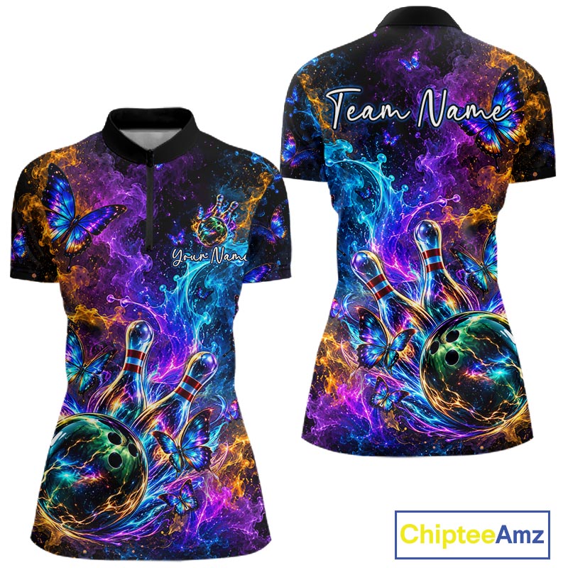 Neon Butterfly Galaxy Fire Splash Bowling Shirts for Women Custom Bowling Team jerseys HNT516