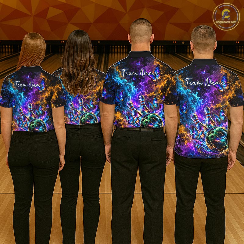 Neon Butterfly Galaxy Fire Splash Bowling Shirts for Men Custom Bowling Team jerseys HNT516