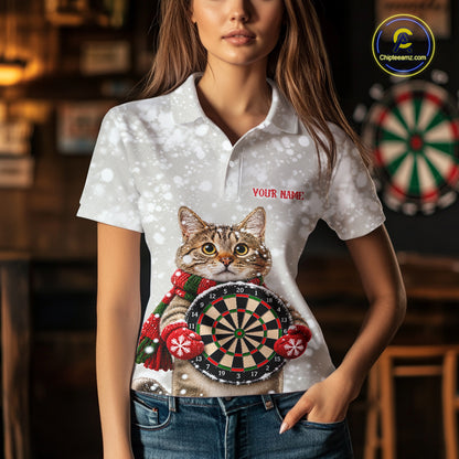 Custom Cat Darts Shirt for Women Christmas Darts Team Jerseys Dart Tournament Polo & 1/4 Zip NNT325