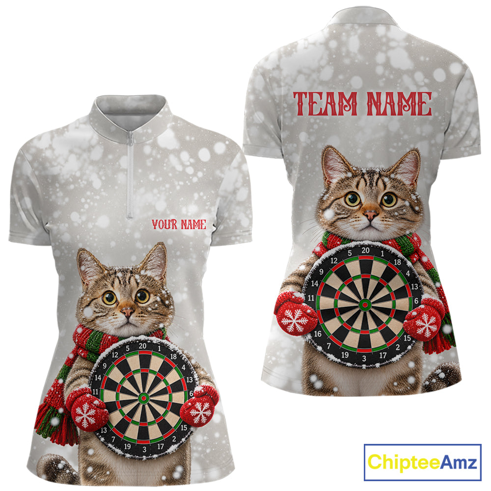Custom Cat Darts Shirt for Women Christmas Darts Team Jerseys Dart Tournament Polo & 1/4 Zip NNT325