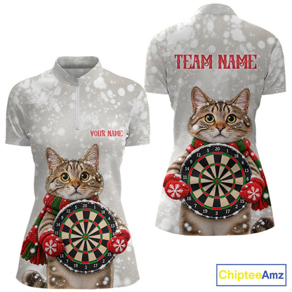 Custom Cat Darts Shirt for Women Christmas Darts Team Jerseys Dart Tournament Polo & 1/4 Zip NNT325