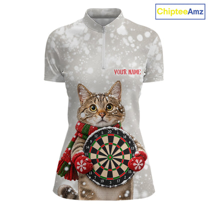 Custom Cat Darts Shirt for Women Christmas Darts Team Jerseys Dart Tournament Polo & 1/4 Zip NNT325