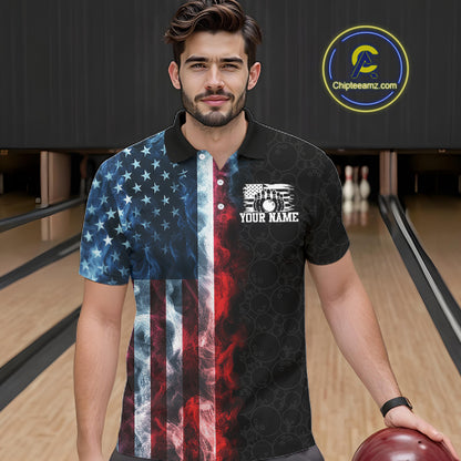 Custom Smoke American Flag Bowling Jersey for Men Bowling Polo & 1/4 Zip Bowling Team Shirt HNT593