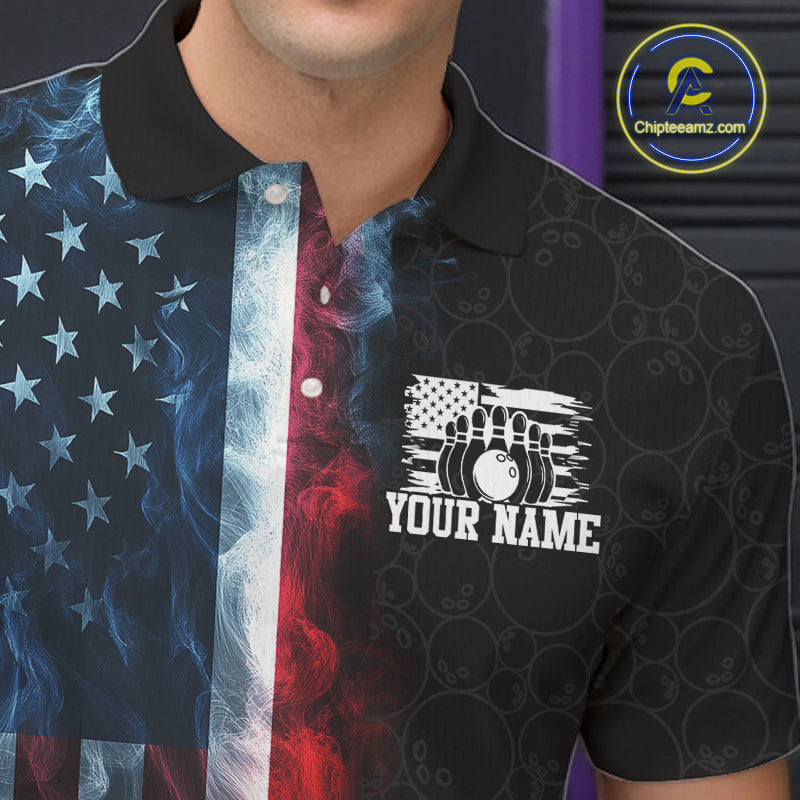 Custom Smoke American Flag Bowling Jersey for Men Bowling Polo & 1/4 Zip Bowling Team Shirt HNT593