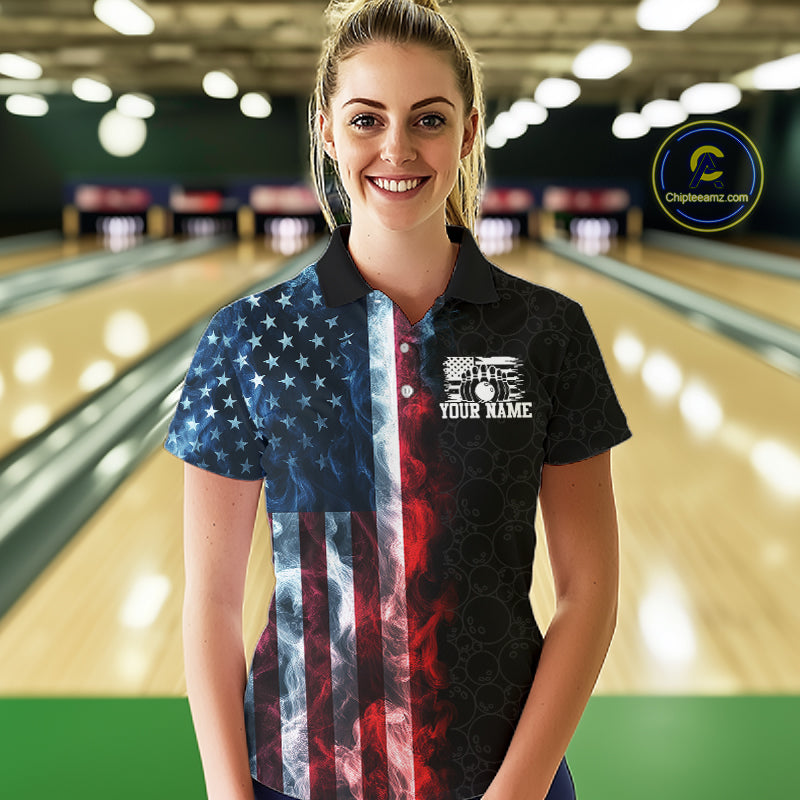 Custom Smoke American Flag Bowling Jersey for Women Bowling Polo & 1/4 Zip Bowling Team Shirt HNT593