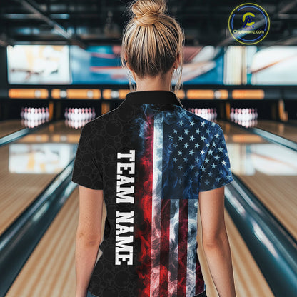 Custom Smoke American Flag Bowling Jersey for Women Bowling Polo & 1/4 Zip Bowling Team Shirt HNT593