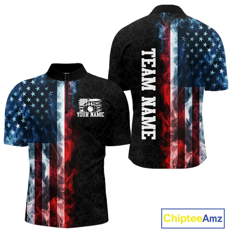 Custom Smoke American Flag Bowling Jersey for Men Bowling Polo & 1/4 Zip Bowling Team Shirt HNT593