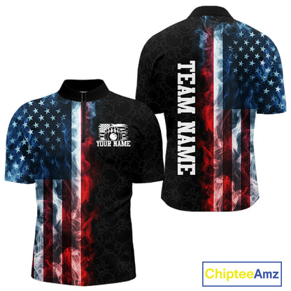 Custom Smoke American Flag Bowling Jersey for Men Bowling Polo & 1/4 Zip Bowling Team Shirt HNT593
