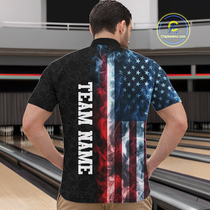 Custom Smoke American Flag Bowling Jersey for Men Bowling Polo & 1/4 Zip Bowling Team Shirt HNT593