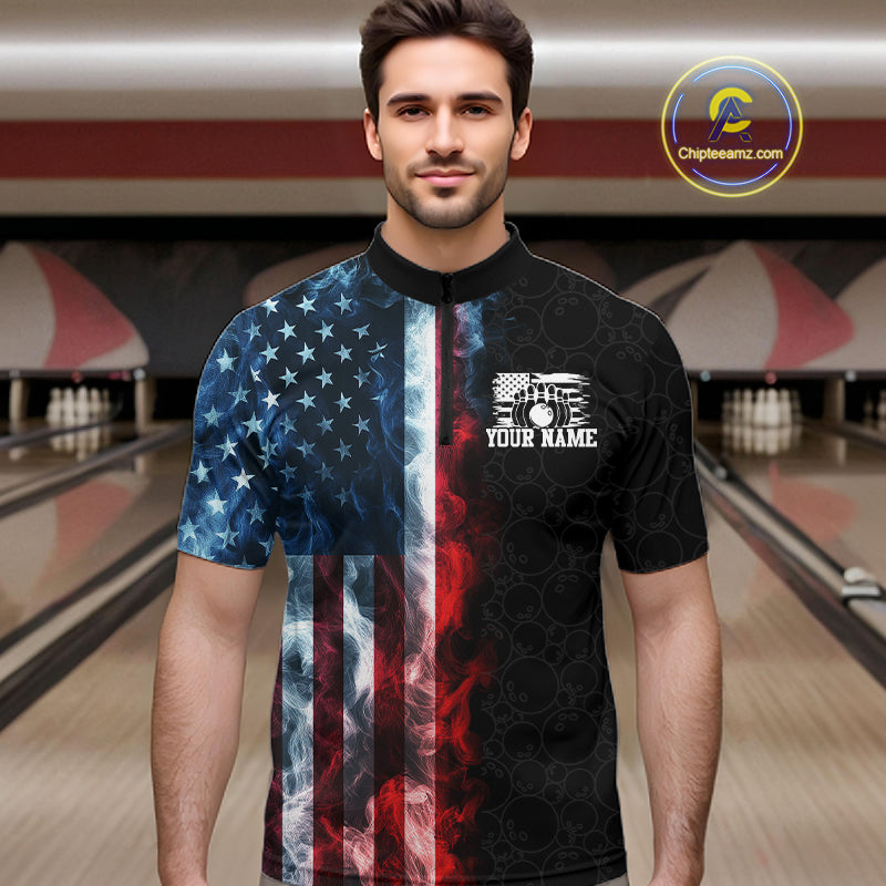 Custom Smoke American Flag Bowling Jersey for Men Bowling Polo & 1/4 Zip Bowling Team Shirt HNT593