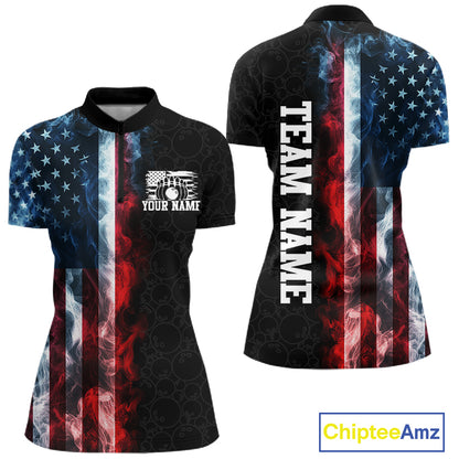 Custom Smoke American Flag Bowling Jersey for Women Bowling Polo & 1/4 Zip Bowling Team Shirt HNT593
