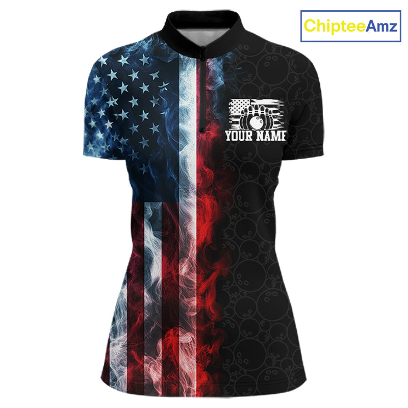 Custom Smoke American Flag Bowling Jersey for Women Bowling Polo & 1/4 Zip Bowling Team Shirt HNT593