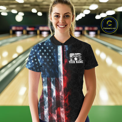 Custom Smoke American Flag Bowling Jersey for Women Bowling Polo & 1/4 Zip Bowling Team Shirt HNT593