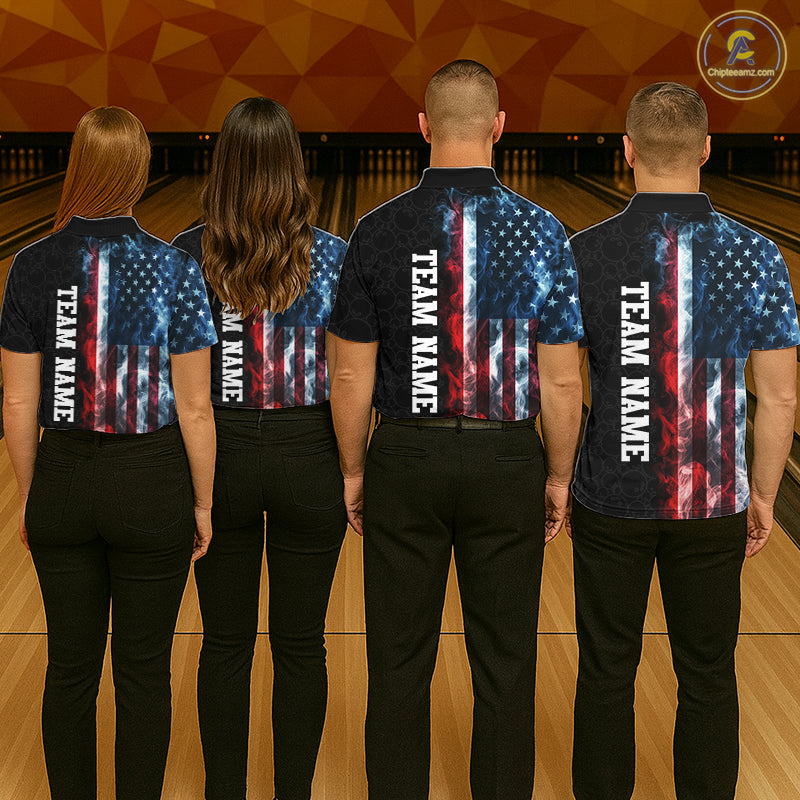 Custom Smoke American Flag Bowling Jersey for Women Bowling Polo & 1/4 Zip Bowling Team Shirt HNT593