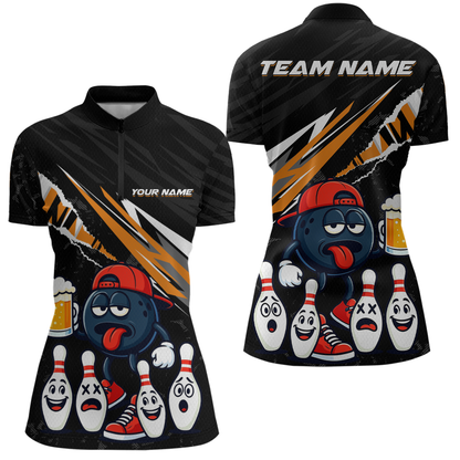 Custom Orange Beer Bowling Jersey for Women Bowling Team Shirts Bowling Uniform Polo & 1/4 Zip HNT133