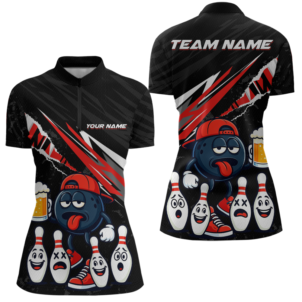 Custom Red Beer Bowling Jersey for Women Bowling Team Shirts Bowling Uniform Polo & 1/4 Zip HNT133