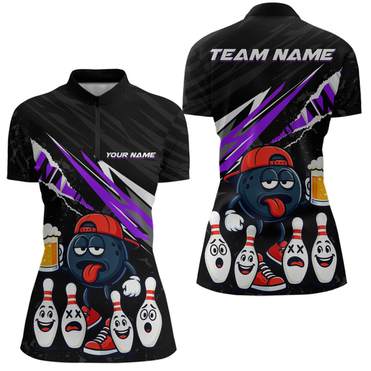 Custom Purple Beer Bowling Jersey for Women Bowling Team Shirts Bowling Uniform Polo & 1/4 Zip HNT133