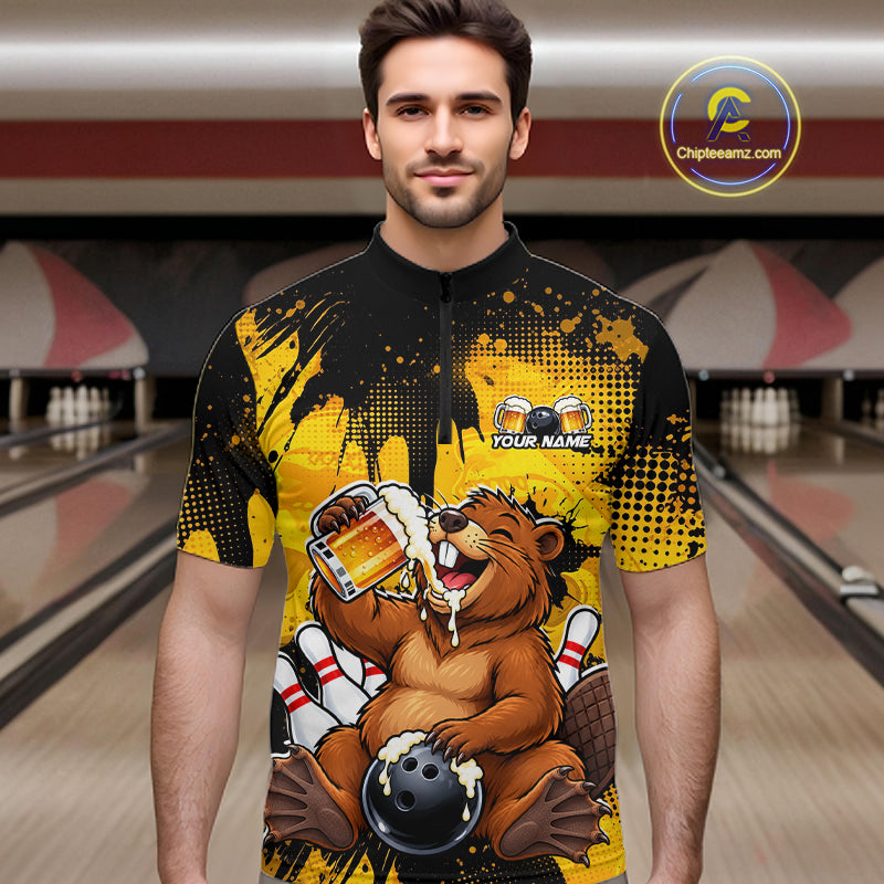 Custom Funny Beer Beaver Bowling Team Jersey Bowling Shirts for Men Bowling Tournament HNT663