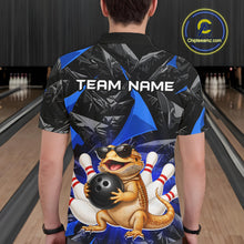 Load image into Gallery viewer, Men’s blue bearded dragon bowling polo shirt, back view on male model in bowling lane 