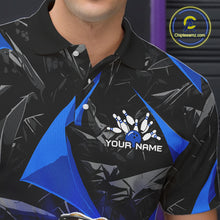 Load image into Gallery viewer, Men’s blue bearded dragon bowling polo shirt with custom name, angled front view showing custom team design 