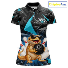 Load image into Gallery viewer, Custom turquoise bearded dragon bowling jersey for women, personalized team bowling polo shirt front view
