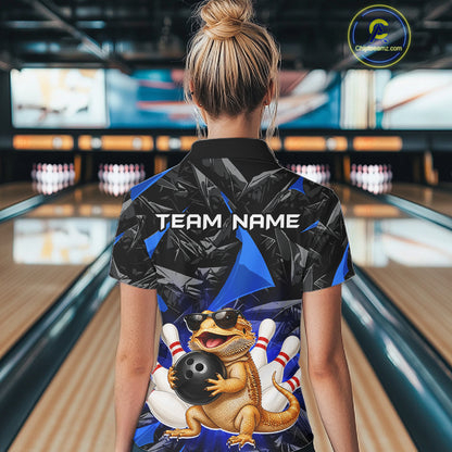 Women’s blue bearded dragon bowling polo shirt, back view on female model in bowling lane 