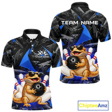 Load image into Gallery viewer, Custom blue bearded dragon bowling jersey for men, personalized team bowling polo shirt front view and back view