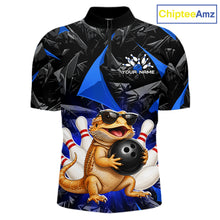 Load image into Gallery viewer, Custom blue bearded dragon bowling jersey for men, personalized team bowling quarter zip shirt front view