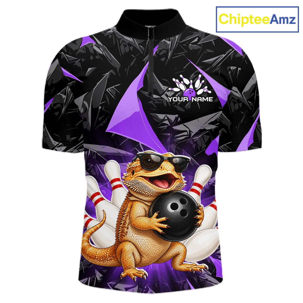 Custom purple bearded dragon bowling jersey for men, personalized team bowling quarter zip shirt front view