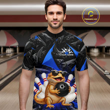 Load image into Gallery viewer, Men’s blue bearded dragon bowling quarter zip shirt, front view on male model in bowling lane 