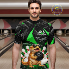 Load image into Gallery viewer, Men’s green bearded dragon bowling quarter zip shirt, front view on male model in bowling lane 