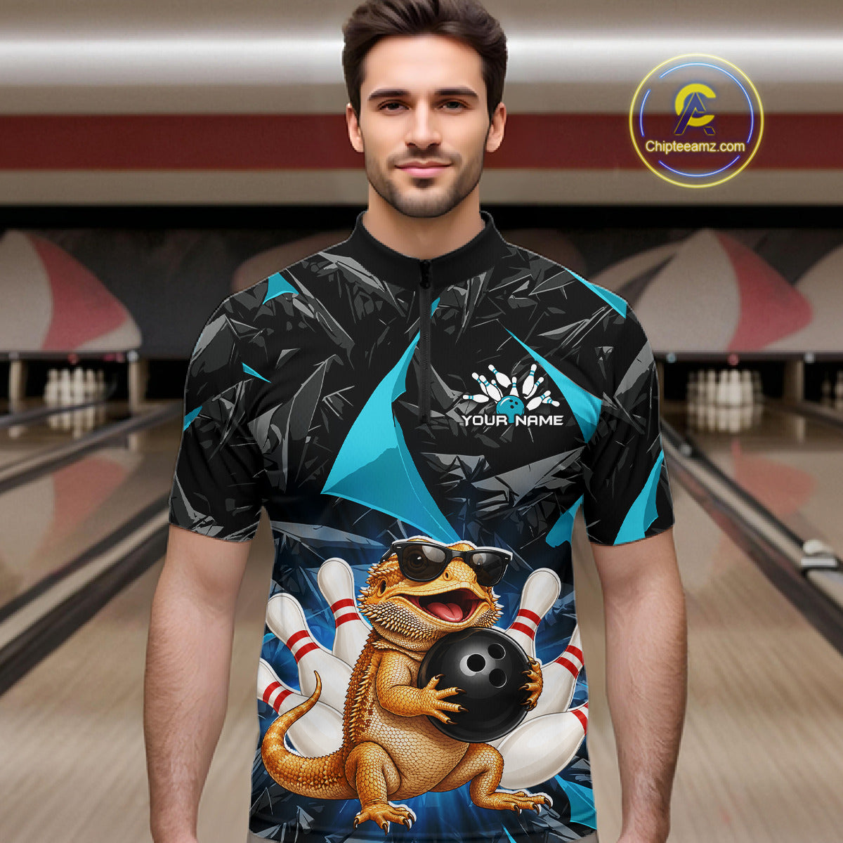 Men’s turquoise bearded dragon bowling quarter zip shirt, front view on male model in bowling lane 