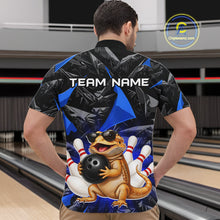 Load image into Gallery viewer, Men’s blue bearded dragon bowling quarter zip shirt, back view on male model in bowling lane 