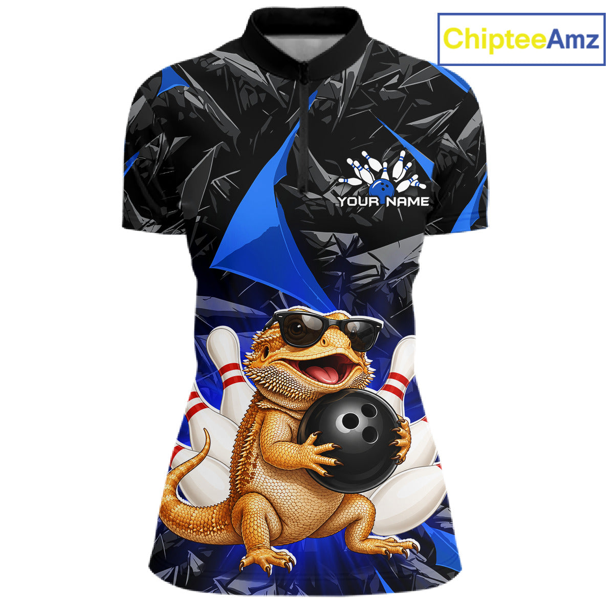 Custom blue bearded dragon bowling jersey for women, personalized team bowling quarter zip shirt front view