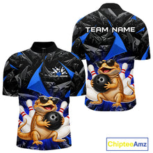 Load image into Gallery viewer, Custom blue bearded dragon bowling jersey for men, personalized team bowling quarter zip shirt front view and back view