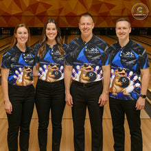Load image into Gallery viewer, Group of bowlers in blue bearded dragon team shirts, personalized bowling uniforms front view.