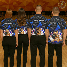 Load image into Gallery viewer, Group of bowlers in blue bearded dragon team shirts, personalized bowling uniforms back view.