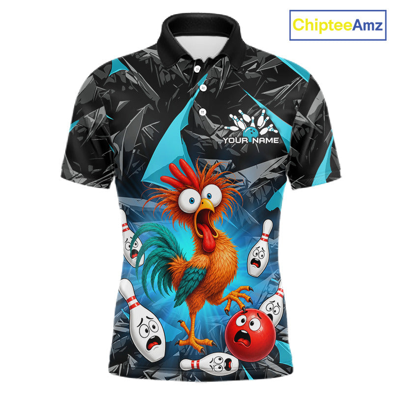 A short-sleeve polo shirt with a black and blue geometric background and a colorful cartoon rooster bowling scene on the front. The shirt includes a placeholder logo area reading 'YOUR NAME' and a visible 'ChipteeAmz' watermark in the top right corner.