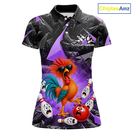 Custom Purple Funny Chicken Bowling Team Jerseys for Women Bowling League Polo & 1/4 Zip HNT575