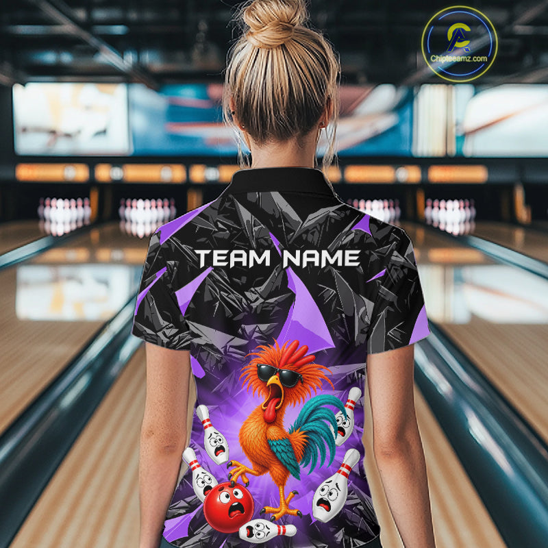 Custom Purple Funny Chicken Bowling Team Jerseys for Women Bowling League Polo & 1/4 Zip HNT575