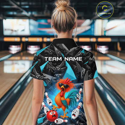 Custom Turquoise Funny Chicken Bowling Team Jerseys for Women Bowling League Polo & 1/4 Zip HNT575