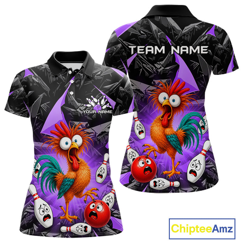 Front and back view personalized bowling polo shirt with a startled rooster surrounded by expressive bowling pins and a bowling ball, creating a playful action scene on a black and purple layout.
