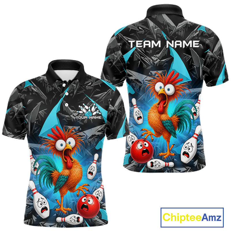 Custom short-sleeve athletic polo shirts shown from the front and back, featuring a vibrant cartoon rooster and bowling pins on a black and blue patterned background. Includes customizable text placeholders 'TEAM NAME' and 'YOUR NAME'.