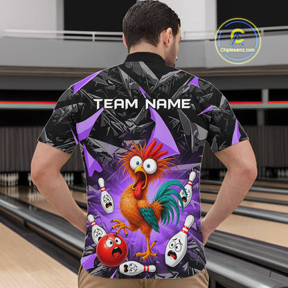 A man viewed from behind wearing a custom bowling-themed short-sleeve button-up shirt with a colorful cartoon rooster and bowling pins graphic on a purple and black background. The shirt has 'TEAM NAME' printed on the back.
