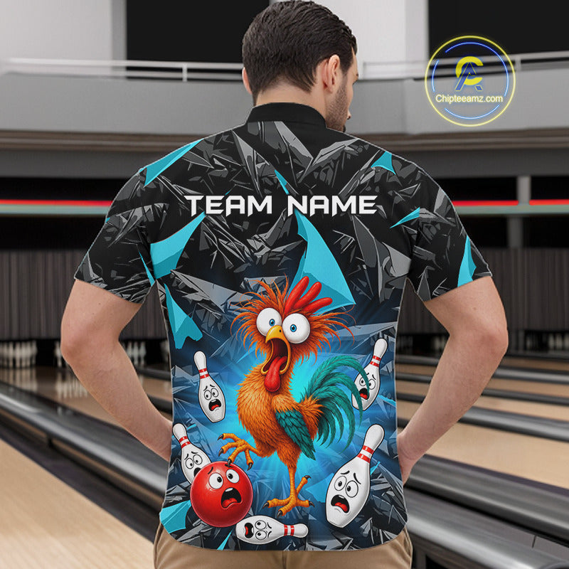 A man viewed from behind wearing a short-sleeve collared shirt with a bowling-themed cartoon graphic on the back. The shirt has a black and gray geometric pattern with bright blue accents and a central rooster surrounded by bowling pins and balls.