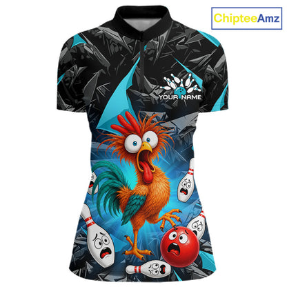 A short-sleeve polo shirt with a black and blue bowling-themed graphic print featuring a cartoon rooster and bowling pins. The shirt has a black collar and a customizable name print area on the chest.