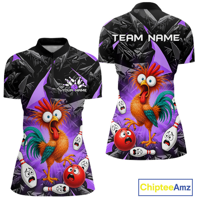 Front and back view personalized bowling quarter zip shirt with a startled rooster surrounded by expressive bowling pins and a bowling ball, creating a playful action scene on a black and purple layout.