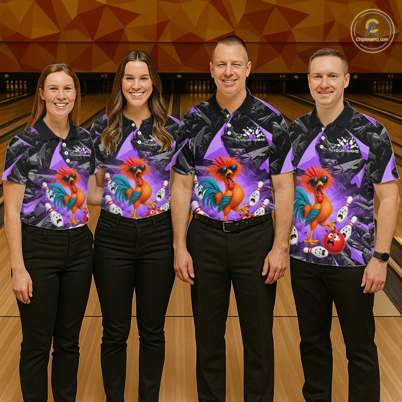 Custom Purple Funny Chicken Bowling Team Jerseys for Men Bowling League Polo & 1/4 Zip HNT575