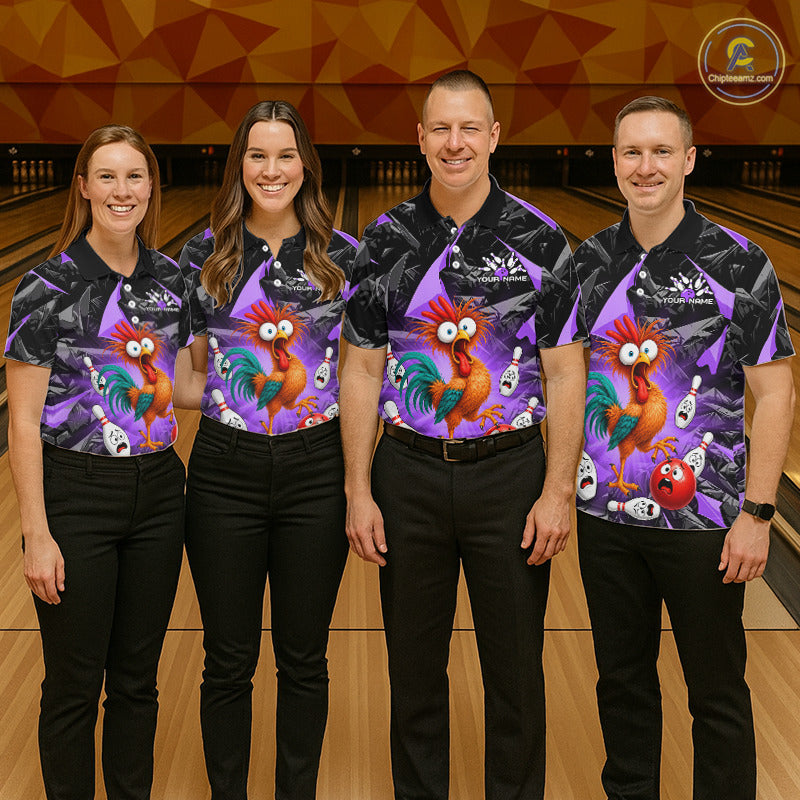 Four people standing in a bowling alley wearing matching black and purple bowling shirts with a colorful cartoon rooster graphic, paired with black pants. A circular 'Crazy Rooster' logo is visible in the top right corner.